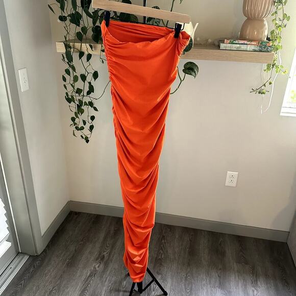 Shein Orange Ruched Bodycon Midi Dress Women’s S Trendy Vacation Party - Picture 2 of 8